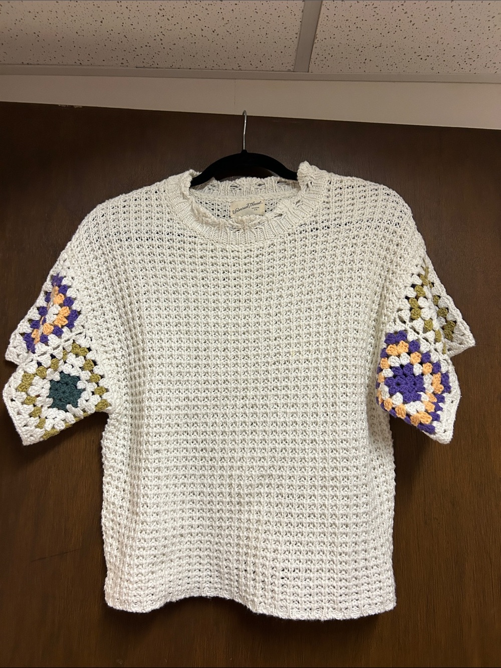 Cream Crochet Knit Short-Sleeve Top with Colorful Granny Square Accents